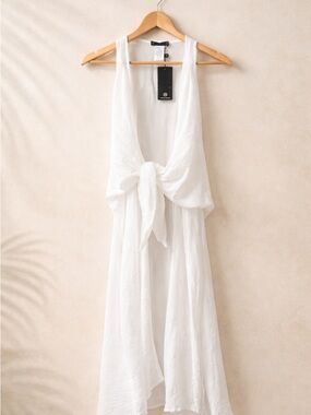 Sleeveless White Maxi Dress with Front Tie